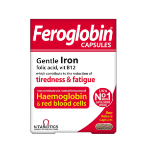 Feroglobin Capsules pack by Vitabiotics with gentle iron, folic acid and vitamin B12 for haemoglobin and red blood cell support