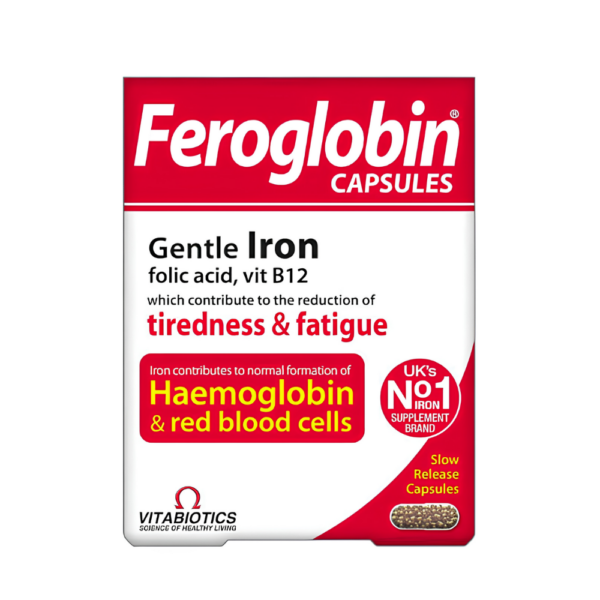 Feroglobin Capsules pack by Vitabiotics with gentle iron, folic acid and vitamin B12 for haemoglobin and red blood cell support