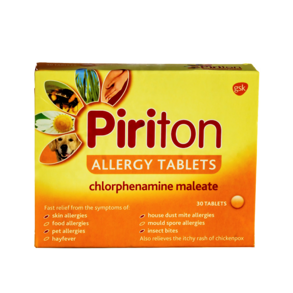Piriton Allergy Tablets chlorpheniramine maleate 4mg 30 tablets GSK antihistamine skin food pet hay fever allergies insect bites relief Nigeria
